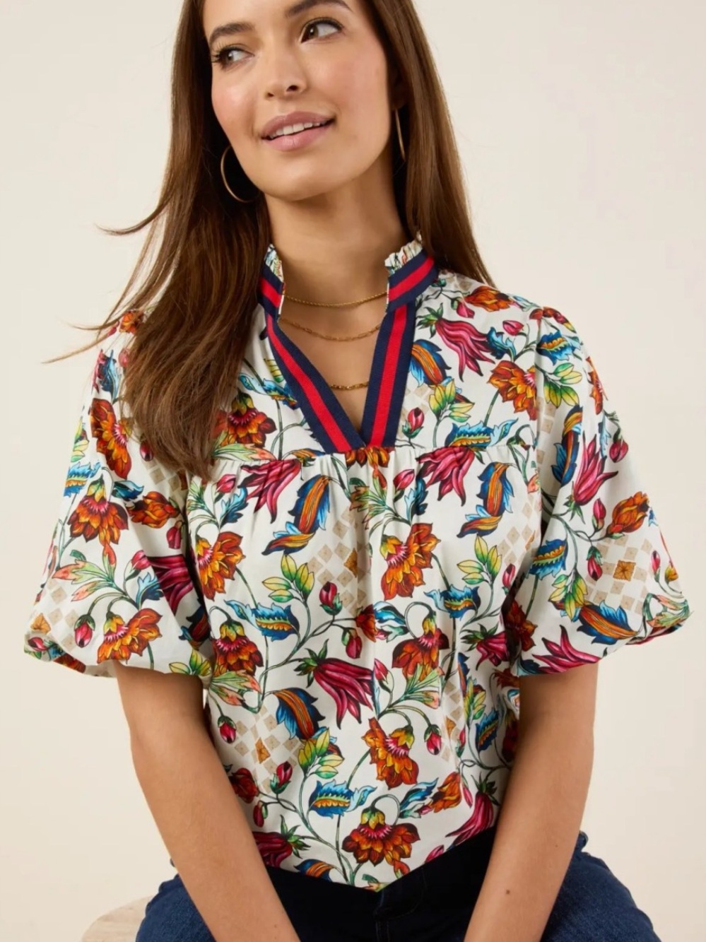 Voy Floral Fantasy Puff Sleeve Ruffle Neck Blouse  Summer Casual Grandmillenial